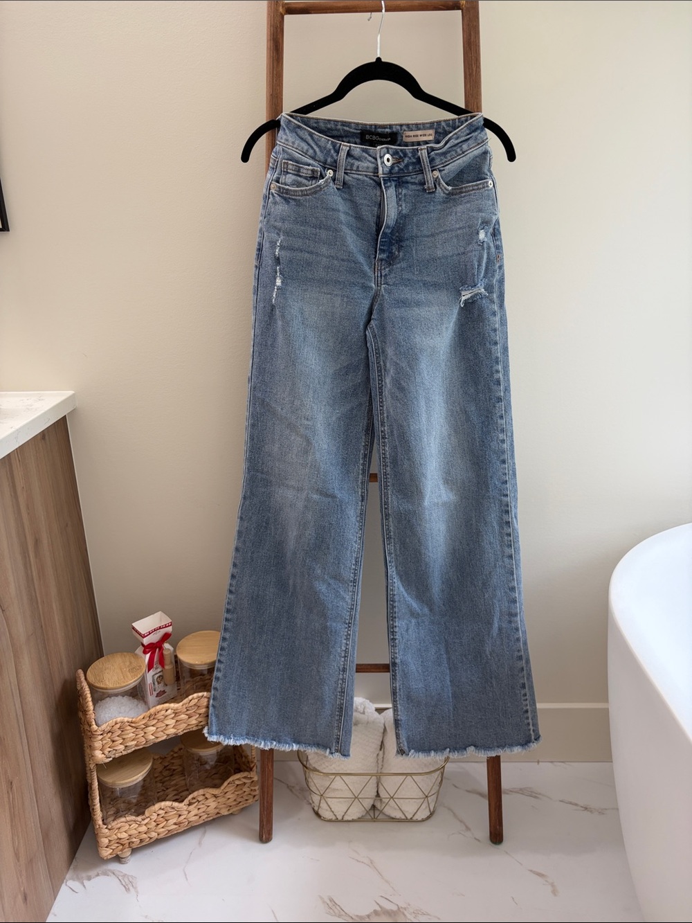BCBGeneration Medium Blue Wide-Leg Distressed Jeans